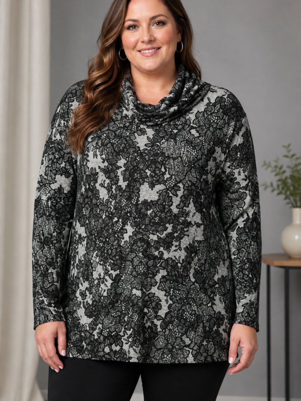Simply Vera Wang XXL Black Gray Floral Cowl Neck Long Sleeve Tunic Top Blouse